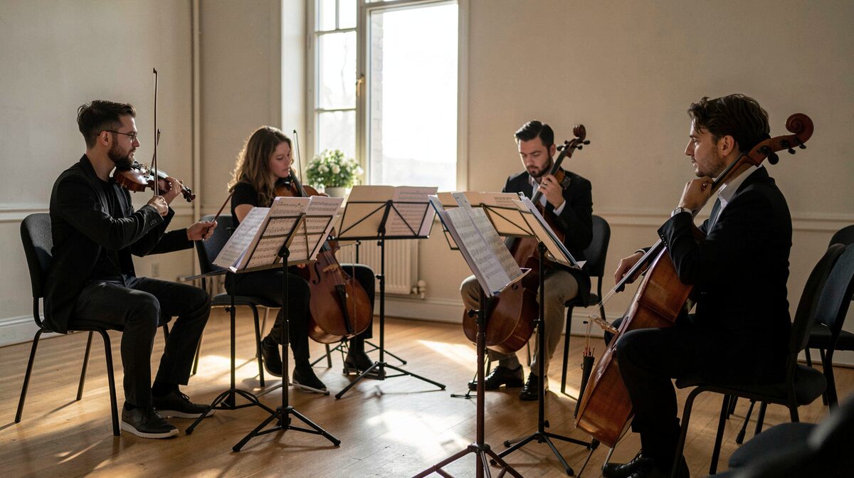 A string quartet seated in a loose circle in a plain rehearsal room, music stands angled toward the center, afternoon light through a tall window crossing the wooden floor.