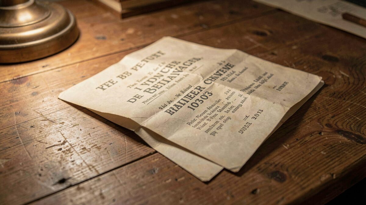 A single folded, old printed sheet lying on a worn wooden desk under warm lamp light, a brass lamp base at the edge of the frame.